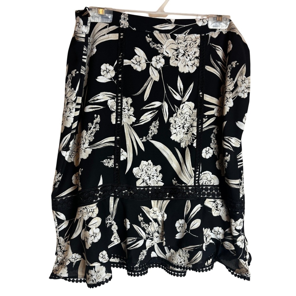 Karl Lagerfeld Paris Floral Lace Trim Ruffle Hem Skirt Black Cream Size 16 NEW